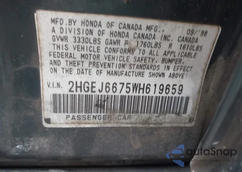 1998 Honda Civic Lx from USA, damaged, VIN 2HGEJ6675WH619659